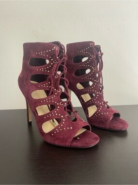 Burgundy Suede Leather Lace-Up Caged Gold Studded Cutout Heels